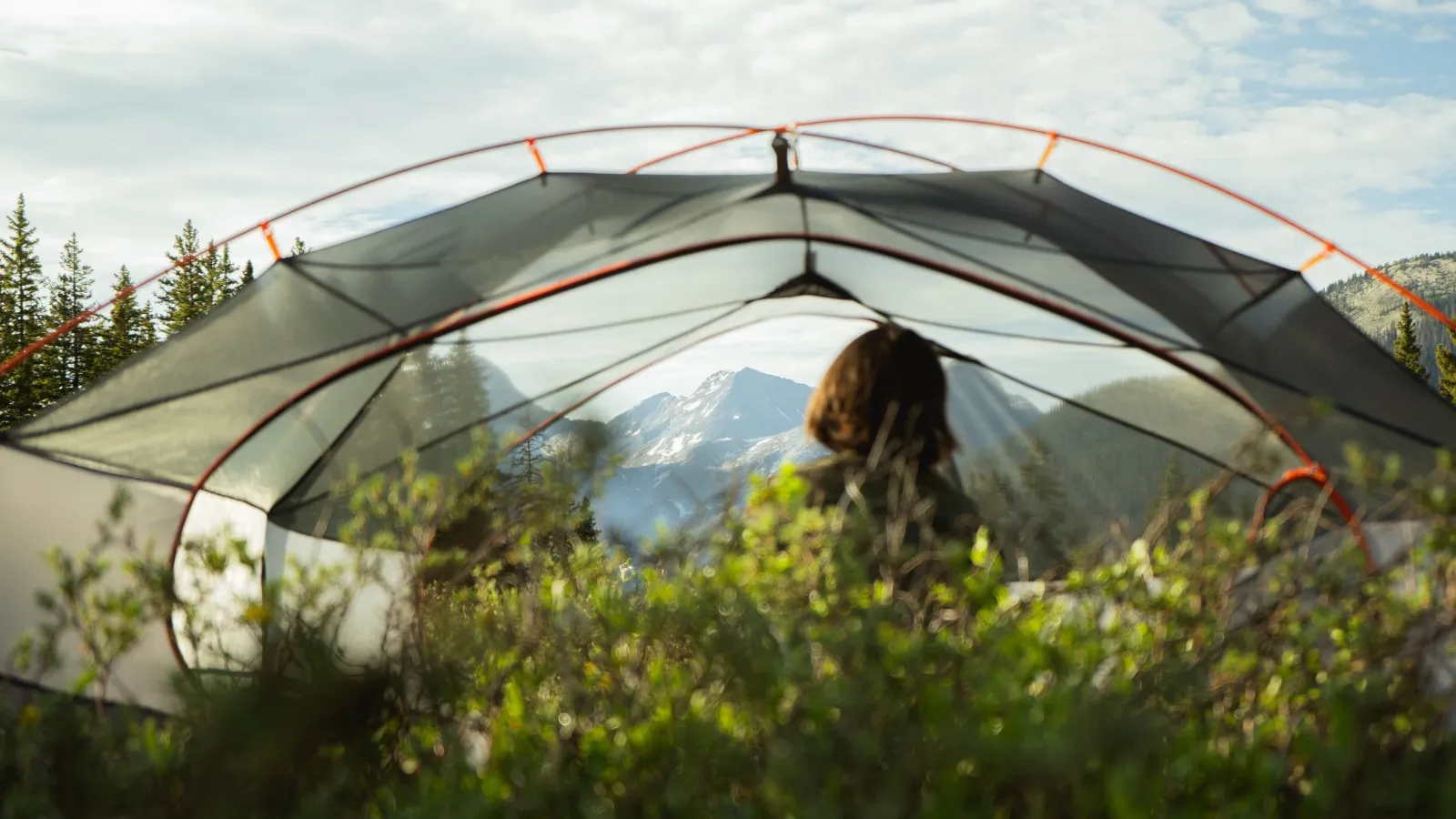 A person seen through a mesh tent doorway, facing a snow-capped mountain at sunrise.