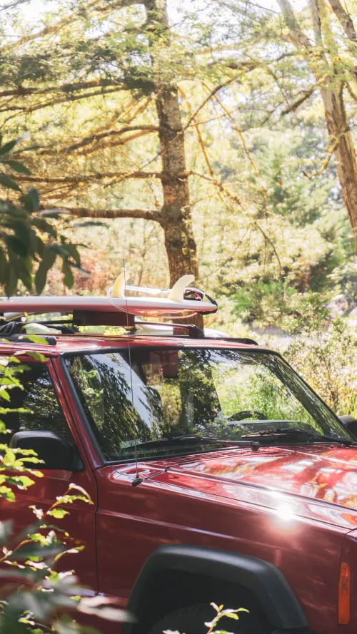 A red SUV with a surfboard strapped to the roof rack, parked in dappled forest sunlight.