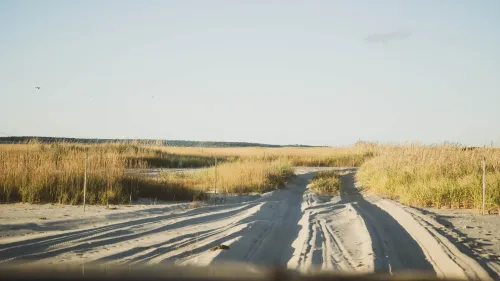 A sandy two-track road cutting through dune grass toward the water at golden hour.