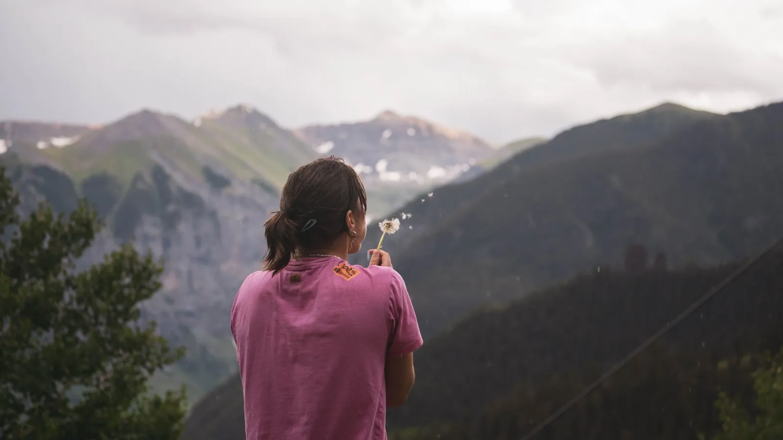 A woman seen from behind in a pink shirt, blowing a dandelion with mountains in the background.