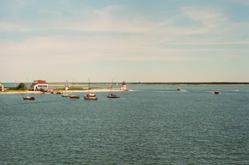 Film photo of small sailboats moored near a red-roofed boathouse and a lighthouse marking a harbor entrance.