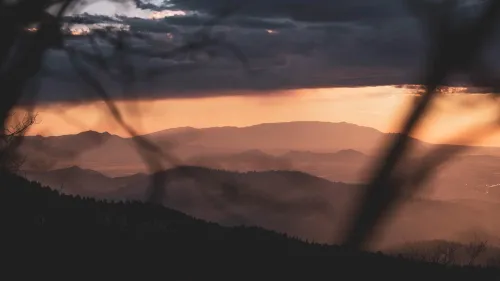 Silhouetted tree branches framing a mountain valley glowing orange at sunset.
